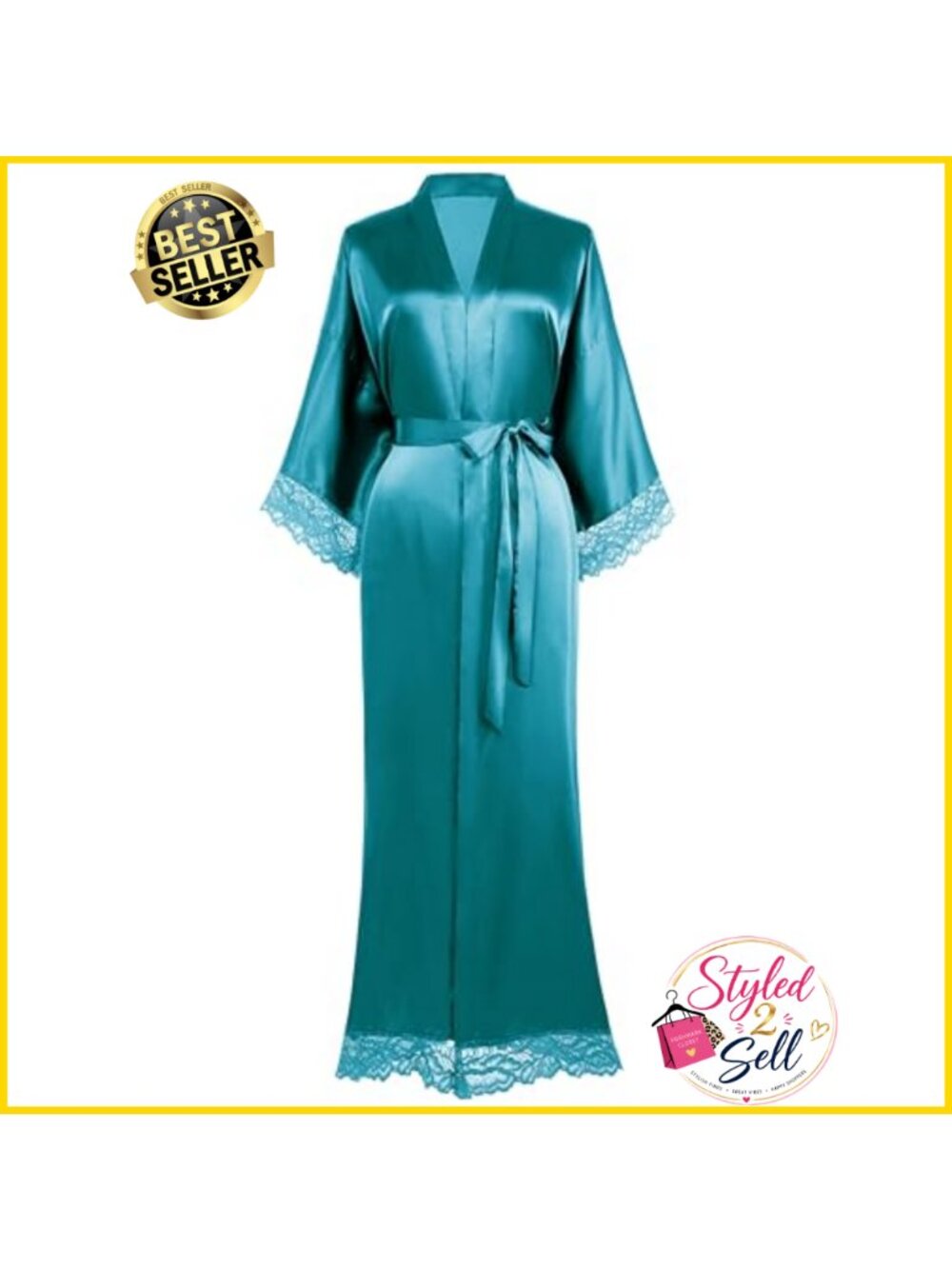 Satin Kimono Robe Lace Trim Long Bridesmaid Wedding with Sash Tie